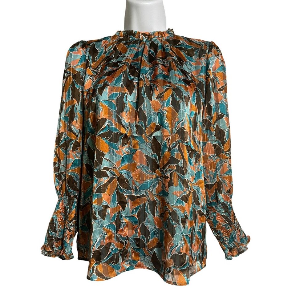 Maison dAmélie Womens XS Long-Sleeve Floral Blouse Fully Lined Smocked Cuffs